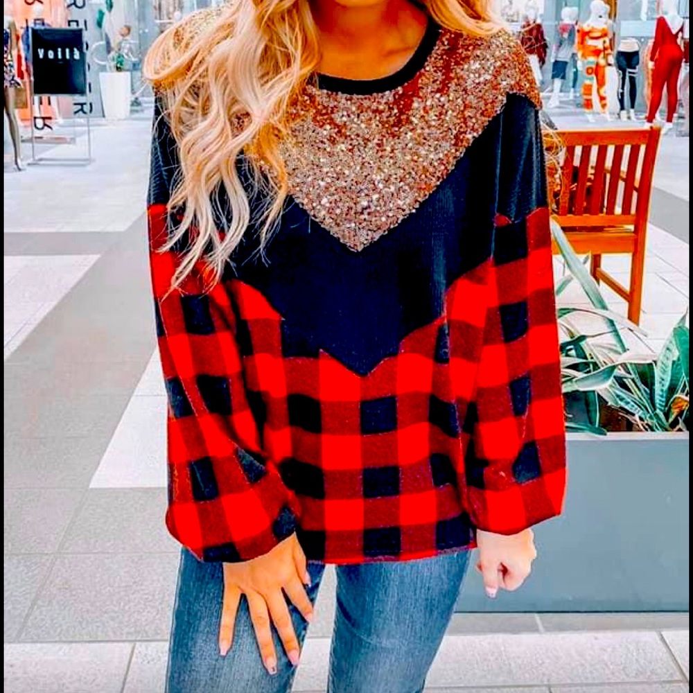 Buffalo plaid sequin top Whiskey Darling Boutique